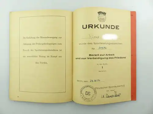 Original Leistungsbuch Deutscher Sportausschuss mit Eintragungen und Urkunde