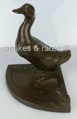 Alte Bronze Visitenkartenschale Ente mit Frosch Bruno Wendel Berliner Bildhauer