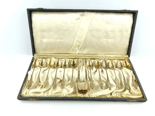 #e3813 12 Gründerzeit Mokkalöffel mit Zuckerzange aus 800er Silber Schmetterling