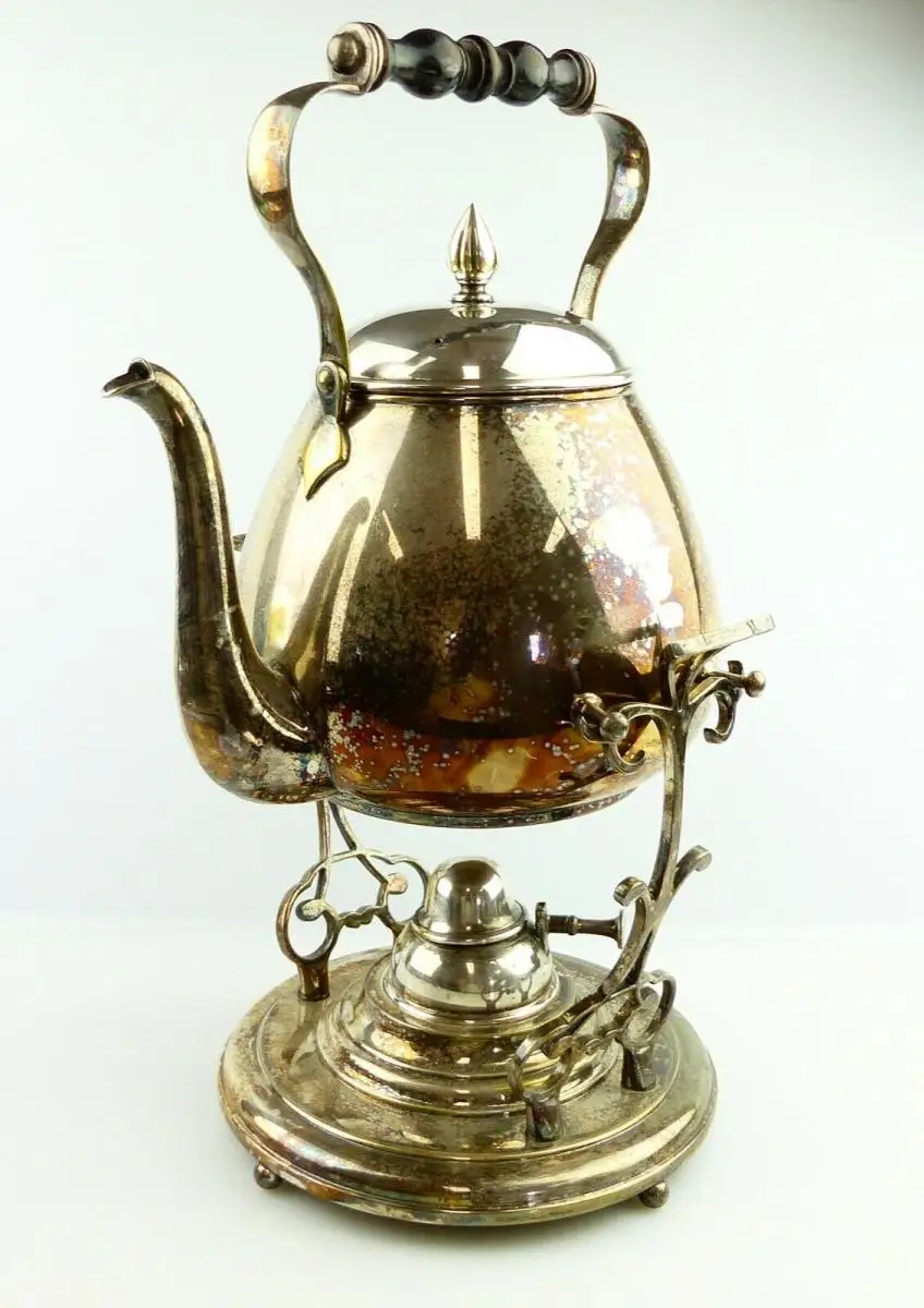 e11617 Toller alter Wasserkessel mit Brenner und Ständer versilbert um 1910 0