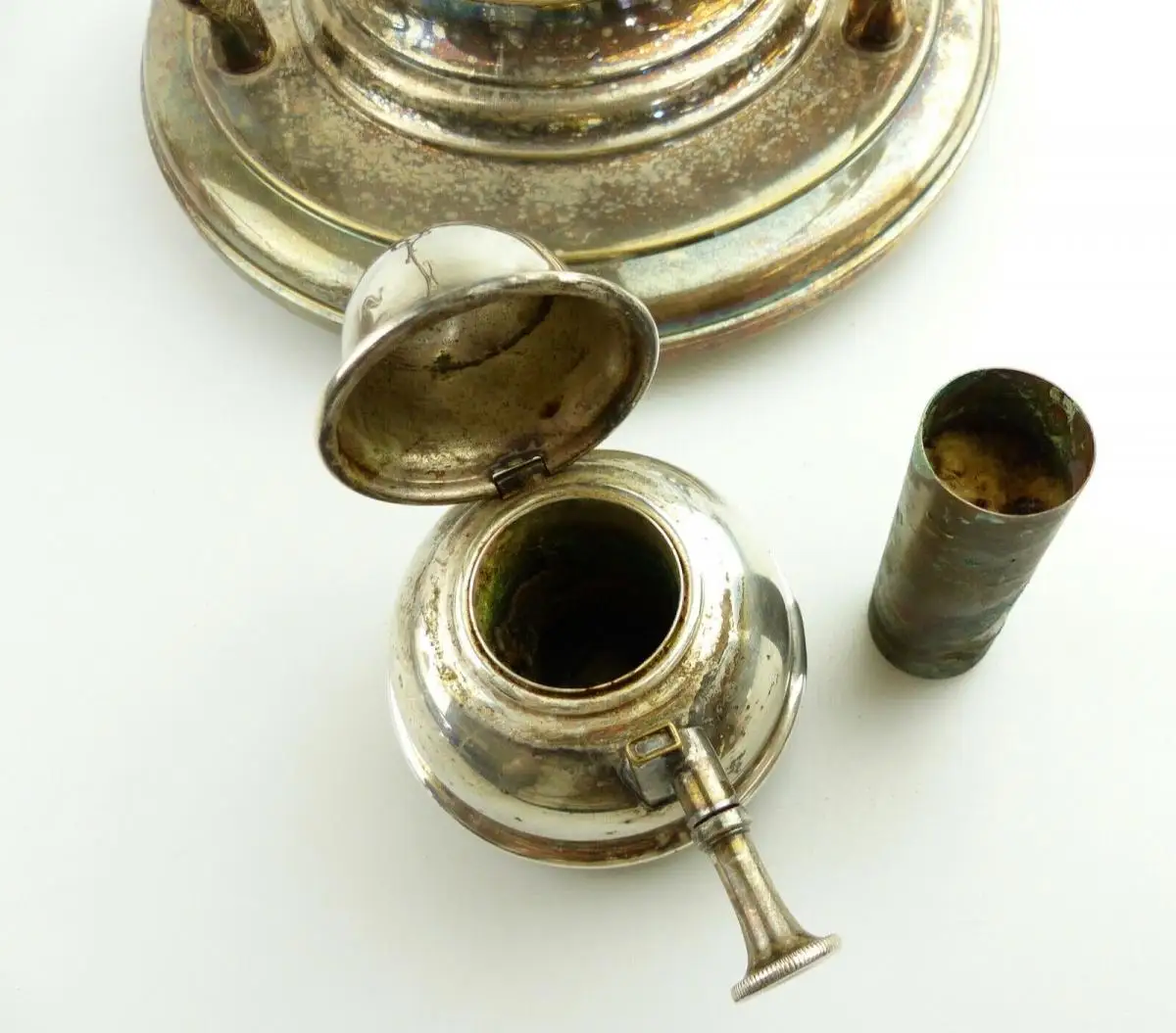 e11617 Toller alter Wasserkessel mit Brenner und Ständer versilbert um 1910 10
