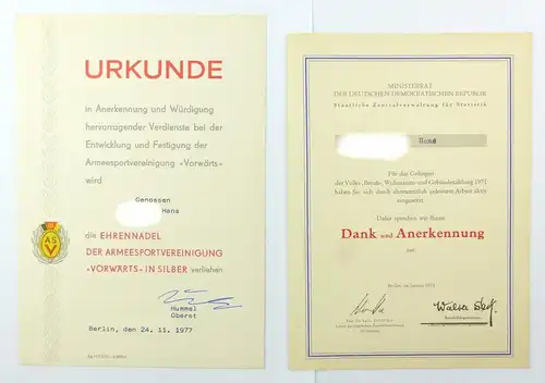 #e6871 3 Urkunden & 1 Dankesschreiben 70er / 80er Jahre ASV / DSV Ehrennadel