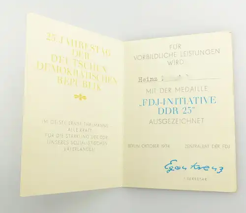 #e3399 Urkunde zum 25. Jahrestag der DDR FDJ-Initiative DDR 25 verl. 1974 Berlin