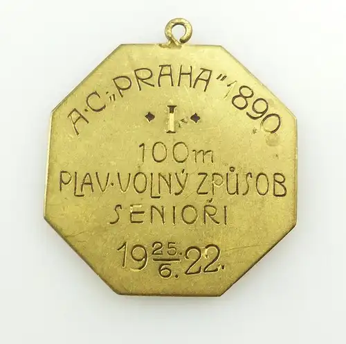 e11925 Goldfarbene Medaille erster Platz 100m Schwimmen AC Prosa 1922