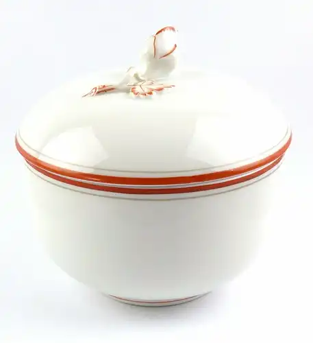 E6690 Meissen Porzellan Zuckerdose mit Deckel Koralle mit grauem Rand und Rose