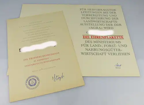 2 Urkunden: Ehrenplakette Vorbereitung & Durchführung AGRA, Erinnung., Orden2000