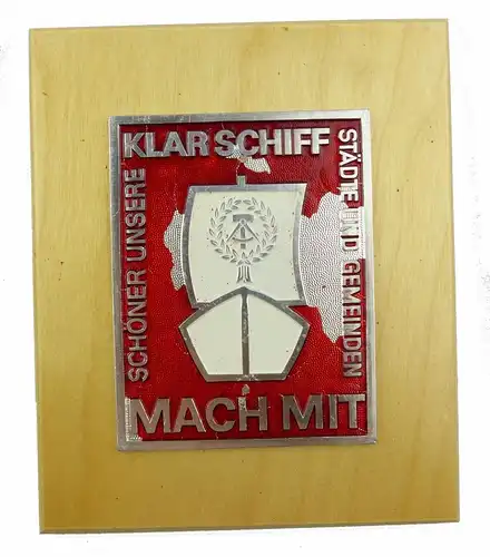 #e7380 DDR Plakette auf Holz KLAR SCHIFF mach mit, schöner unsere Städte, DEFEKT