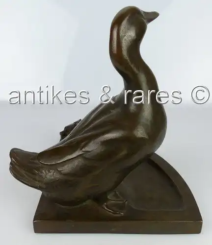 alte Bronze Visitenkartenschale Ente mit Frosch Bruno Wendel Berliner Bildhauer