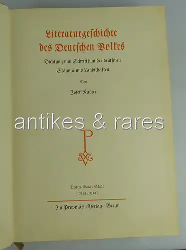 Literaturgeschichte des Deutschen Volkes von Josef Nadler 3. Band 1814-1914