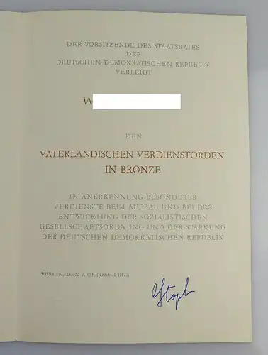 Urkunde: Vaterländischer Verdienstorden in Bronze, verliehen 1973, Orden1901