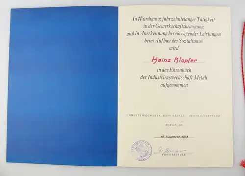 e12326 Urkunde für Fritz Heckert Medaille Silber 1984 und Urkunde zum Ehrenbuch