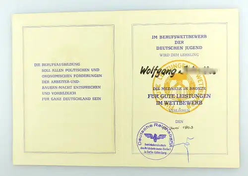 #e3411 Urkunde für Medaille in Bronze Deutsche Reichsbahn DDR 1963 verliehen