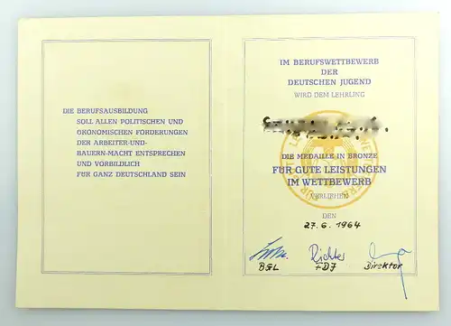 #e3406 Urkunde für Medaille in Bronze FDJ DDR Berufswettbewerb, 1964 verliehen
