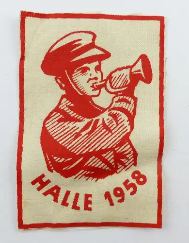 e9506 Aufnäher gedruckt Halle 1958 original alt