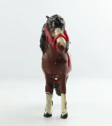 e9409 Antikspielzeug Tier Masse Figur Lineol Pony weiß gescheckt mit Zaumzeug