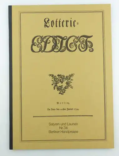 #e5741 Berliner Handpresse Lotterie-Edict De Dato den 20sten Juni 1794 Nr. 34