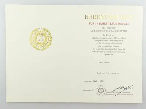 #e3422 DDR Ehrenurkunde für 30 Jahre treue Dienste Nationale Verteidiging 1989