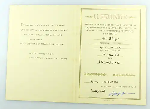 #e3412 Urkunde Leutnant des Reservistenkollektivs Armeegeneral 1961 DDR NVA