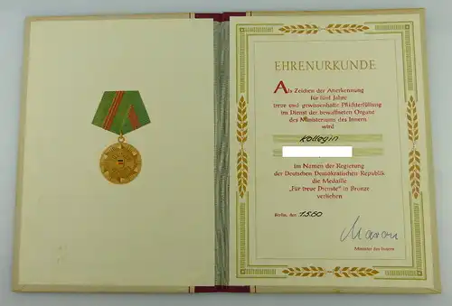 Urkunde: Medaille Treue Dienste in den bewaffneten Organen MdI 1960 Orden2793