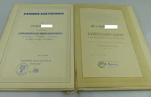 2 Urkunden: Ehrenmitglied Kammer der Technikg, langjährige Mitgliedsc, Orden1909