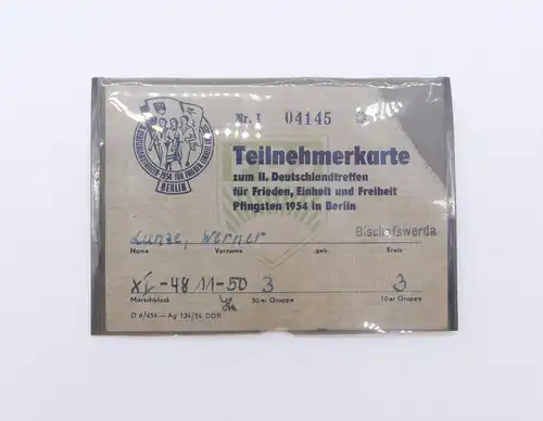 e12507 FDJ DDR Teilnehmerkarte zum II Deutschlandtreffen 1954 Berlin sehr selten