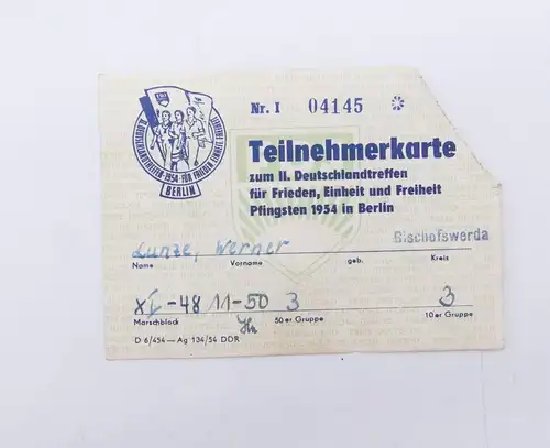 e12507 FDJ DDR Teilnehmerkarte zum II Deutschlandtreffen 1954 Berlin sehr selten