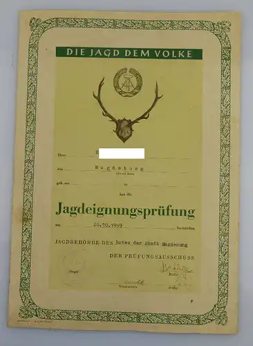 Urkunde: Bestandene Jagdeignungsprüfung, verliehen 1959, Orden1922