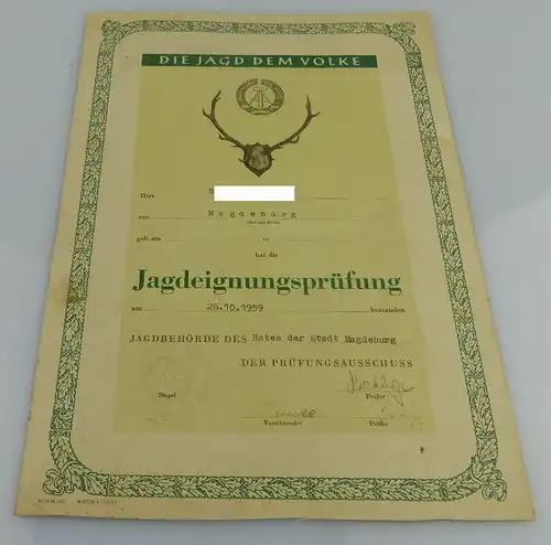 Urkunde: Bestandene Jagdeignungsprüfung, verliehen 1959, Orden1922