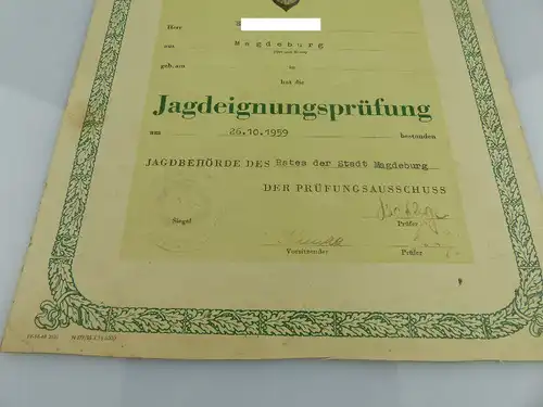 Urkunde: Bestandene Jagdeignungsprüfung, verliehen 1959, Orden1922