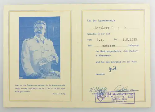 #e3404 Urkunde / Zeugnis 1953 zweiter Lehrgang Bezirksjugendschule Fritz Heckert