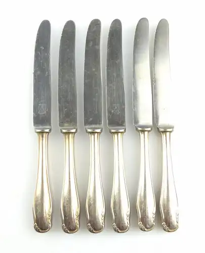 #e4971 6 alte Messer mit Griffen in 90er Silberauflage und rostfreien Klingen