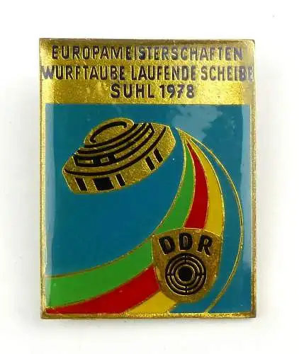 #e6318 Anstecknadel Europameisterschaften Wurftaube Laufende Scheibe Suhl 1978