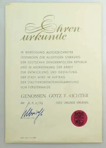 e9173 Nachlass Götz R. Richter Schriftsteller Meissen Medaille und Ehrenurkunde
