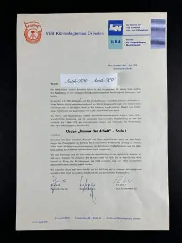 Original DDR Urkunde Banner der Arbeit für Firma selten y0019