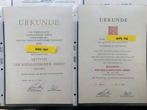 original altes DDR Konvolut mit 7 Urkunden und Auszeichnungen 1965-1972