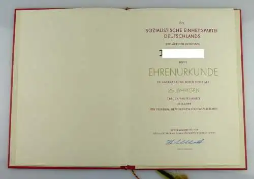 Urkunde: SED 25 Jahre treue Parteiarbeit im Kampf für Frieden, Demokr, Orden1916