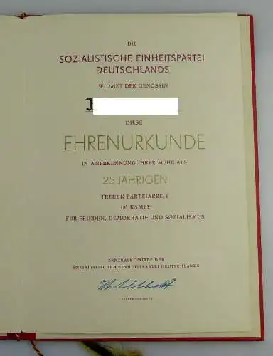 Urkunde: SED 25 Jahre treue Parteiarbeit im Kampf für Frieden, Demokr, Orden1916