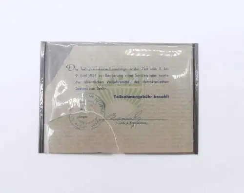 e12507 FDJ DDR Teilnehmerkarte zum II Deutschlandtreffen 1954 Berlin sehr selten