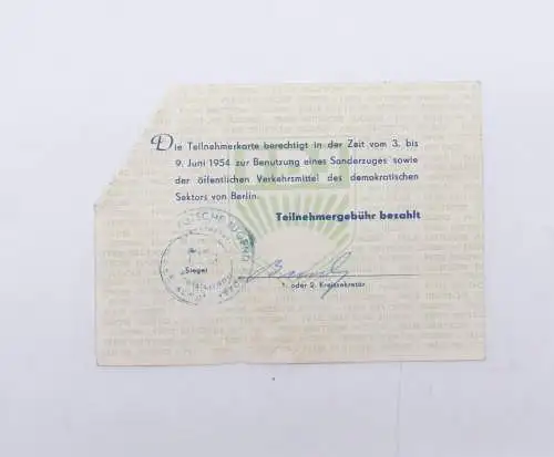 e12507 FDJ DDR Teilnehmerkarte zum II Deutschlandtreffen 1954 Berlin sehr selten