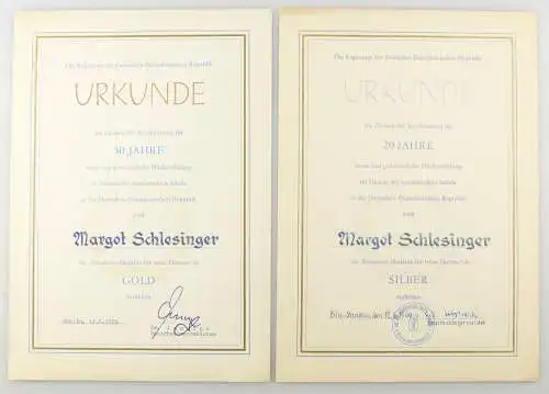 E12342 2 original Urkunden für Pestalozzi Medaille Silber 1966 und Gold 1975