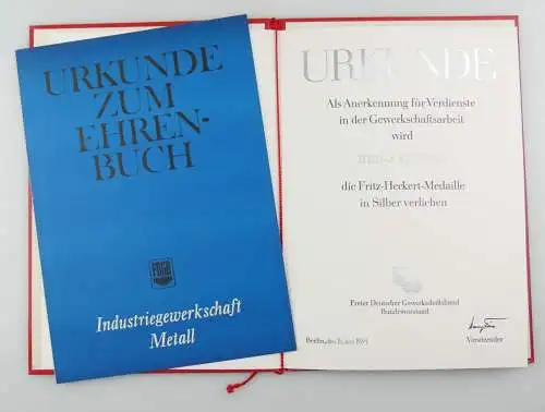 e12326 Urkunde für Fritz Heckert Medaille Silber 1984 und Urkunde zum Ehrenbuch 