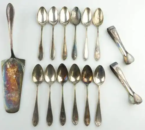 e11451 12 Kaffeelöffel 1 Tortenheber 2 Zuckerzangen Wellner versilbert 