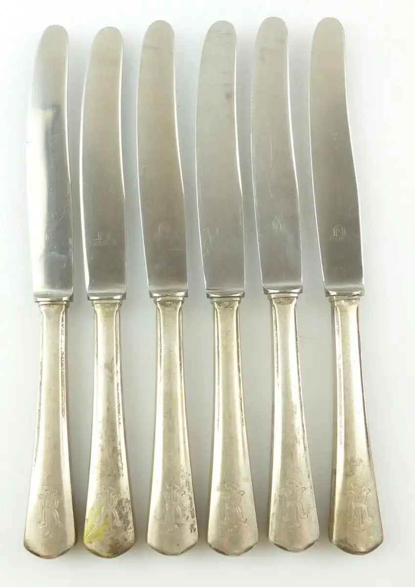 e11053 6 große Essmesser mit Griffen aus 800er Silber  0