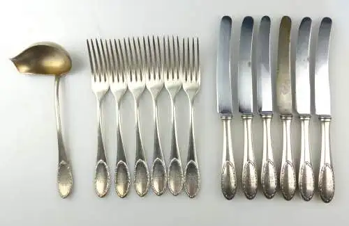 e10216 6 versilberte Dessertmesser und 6 Dessertgabeln von BSF mit Soßenkelle 