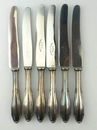 e10134 6 Essmesser mit versilberten Griffen in 90er Silberauflage
