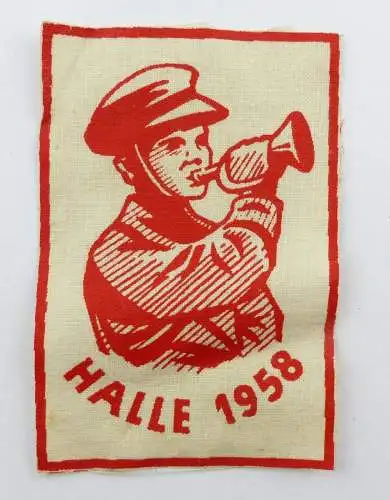 E9506 Aufnäher gedruckt Halle 1958 original alt