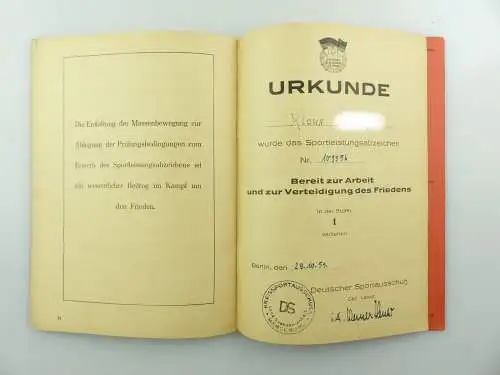 Original Leistungsbuch Deutscher Sportausschuss mit Eintragungen und Urkunde