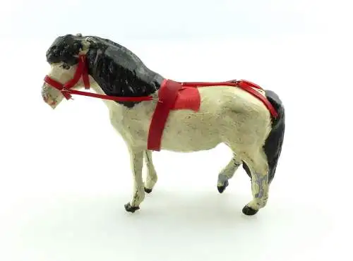 E9399 Antikspielzeug Tier Masse Figur Lineol Pony weiß mit Zaumzeug