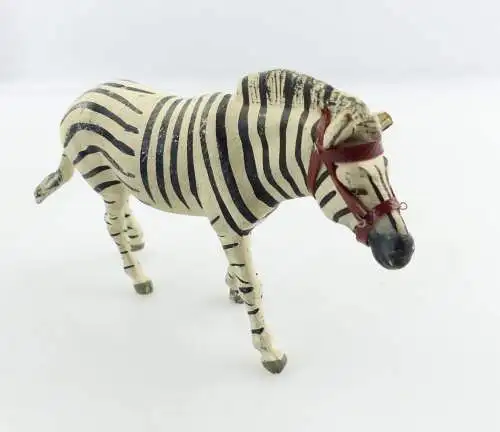 E9374 Antikspielzeug Tier Masse Figur Lineol wohl 50er Jahre Zebra mit Zaumzeug