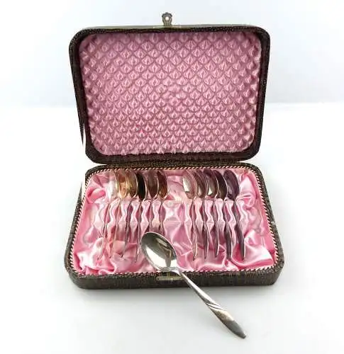 #e8420 12 alte versilberte Kaffeelöffel mit Etui / 90er Silberauflage 